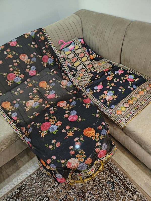 Silk printed 3 piece embellished with beautiful embroidery